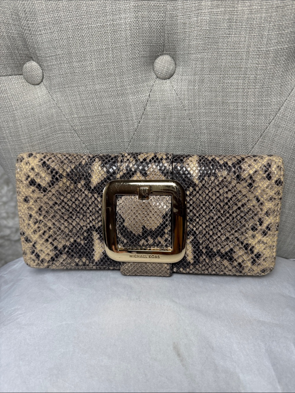 Michael Kors Snake-Print Clutch in Beige, Black and Tan with Gold Buckle